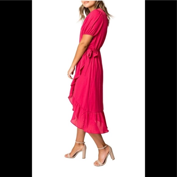 GIBSONLOOK Pink Ruffled Wrap Sundress with Puff Sleeves/size S - Picture 2 of 3